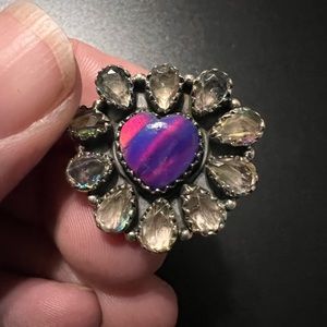 Sterling silver galaxy opal heart cluster ring